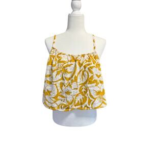 MADEWELL Linen-Blend Meriden Top in Tropicale Floral-Gilded Chartreise Sz Med